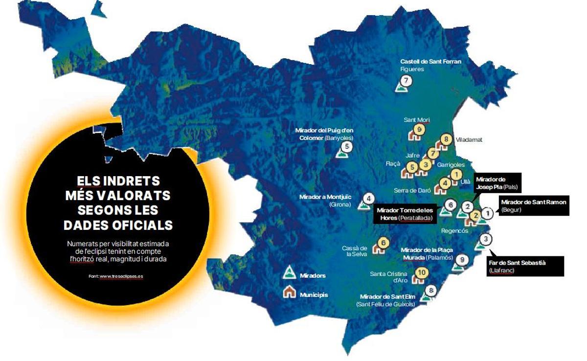 Mapa dels miradors i les poblacions on es podrà veure millor l'eclipsi a la província de Girona.