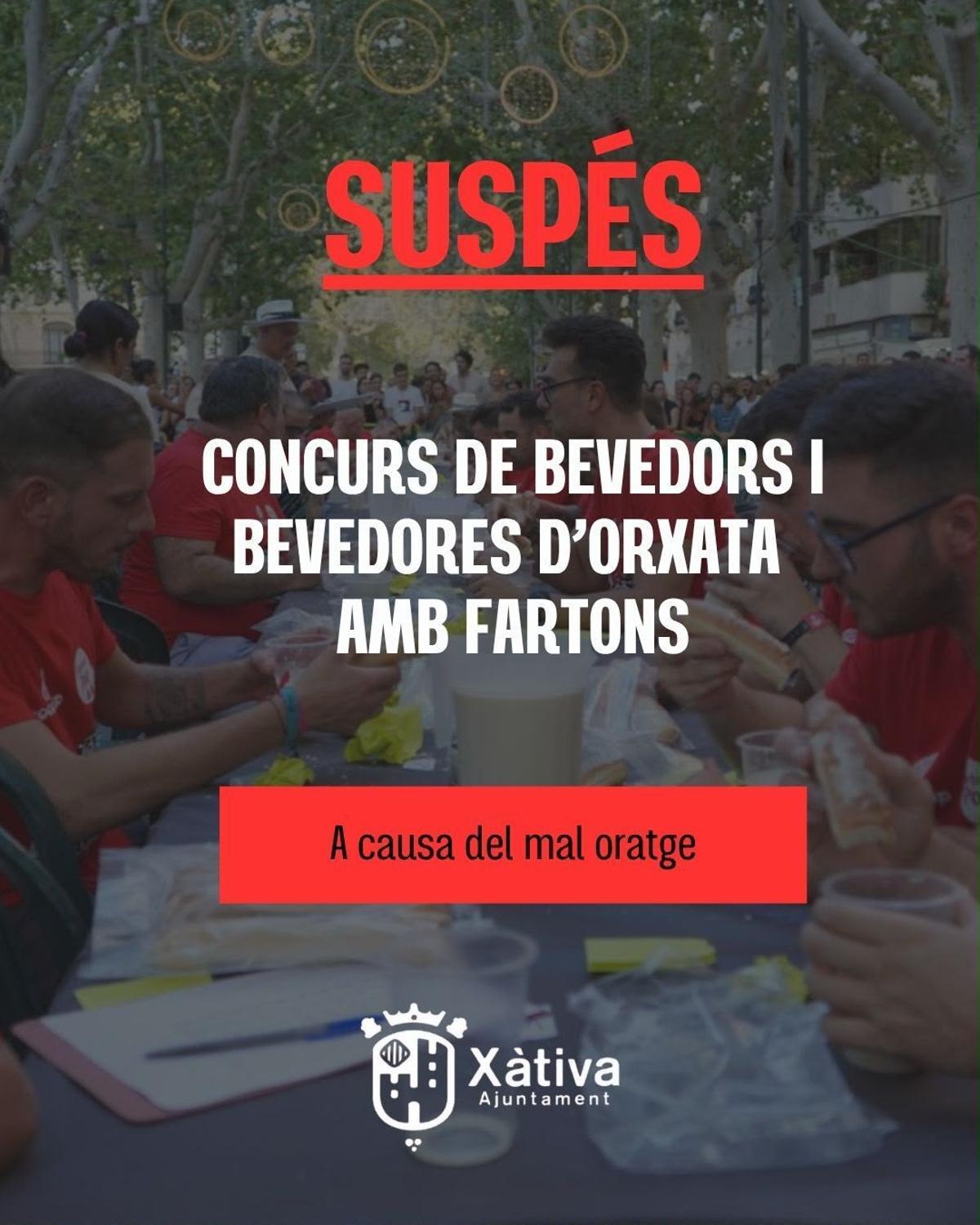 El concurso de comer horchata y beber fartons de Xàtiva, suspendido por las lluvias