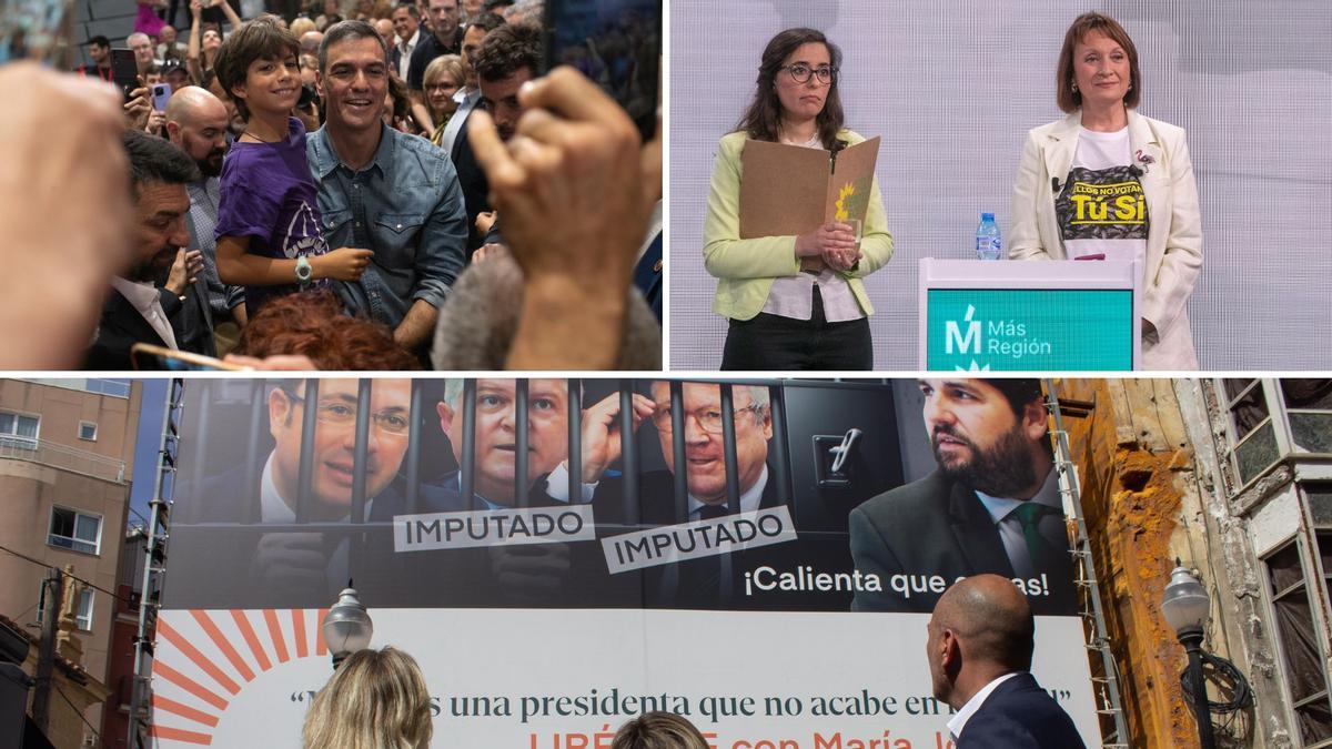 De izda. a dcha., la visita de Pedro Sánchez y Helena Vidal y María Marín en el debate; abajo, el cartel que CS tuvo que retirar por orden de la Junta Electoral.