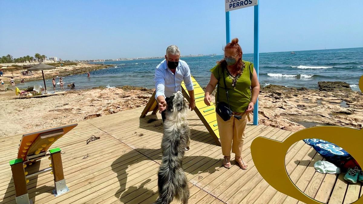 Los concejales Antonio Vidal y Concha Sala en la presentación de las mejoras, ahora retiradas por realizarse sin autorización, de la playa canina de Torrevieja en agosto de 2021