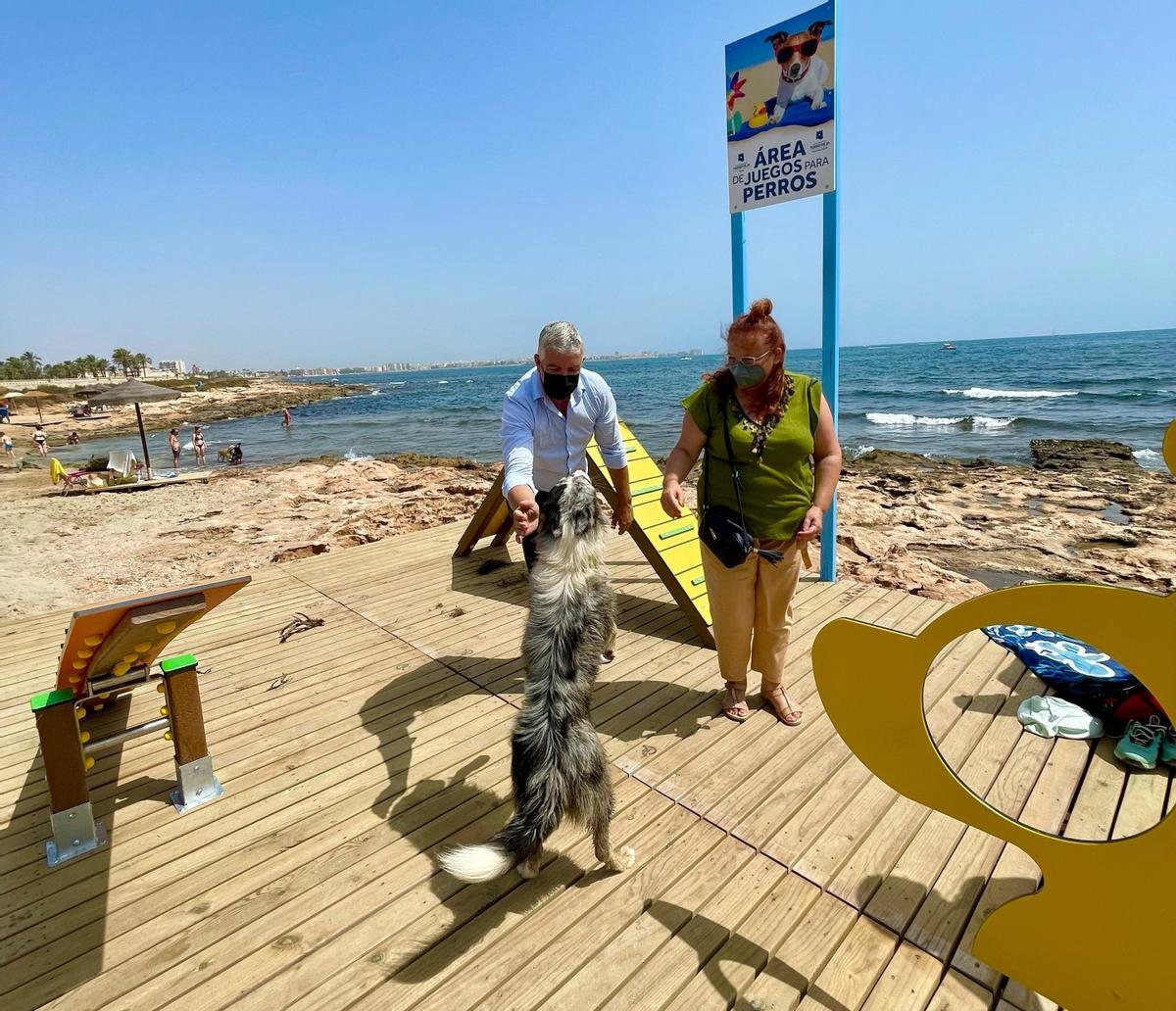 Los concejales Antonio Vidal y Concha Sala en la presentación de las mejoras, ahora retiradas por realizarse sin autorización, de la playa canina de Torrevieja en agosto de 2021