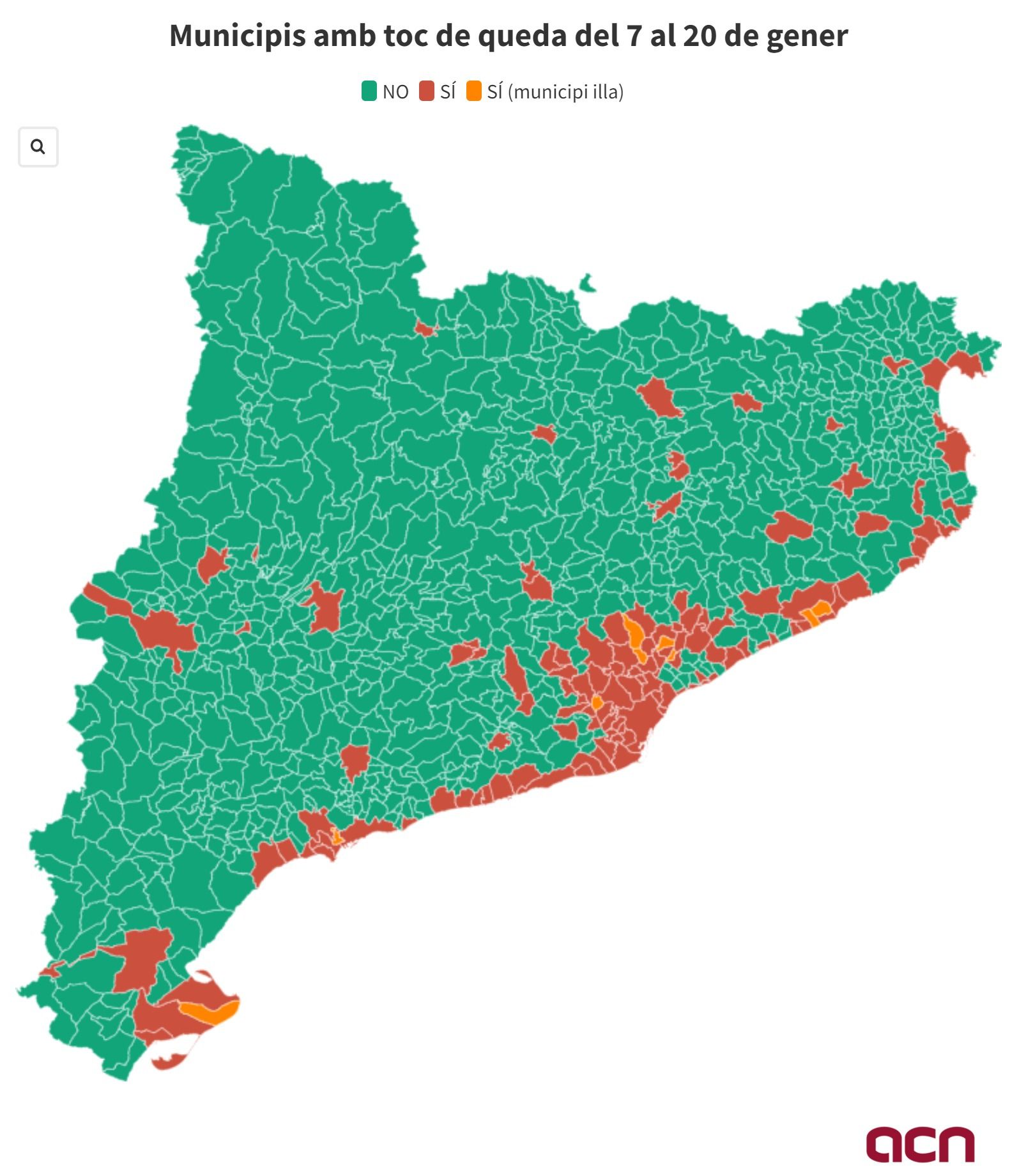 Mapa dels municipis afectats pel toc de queda del 7 al 20 de gener