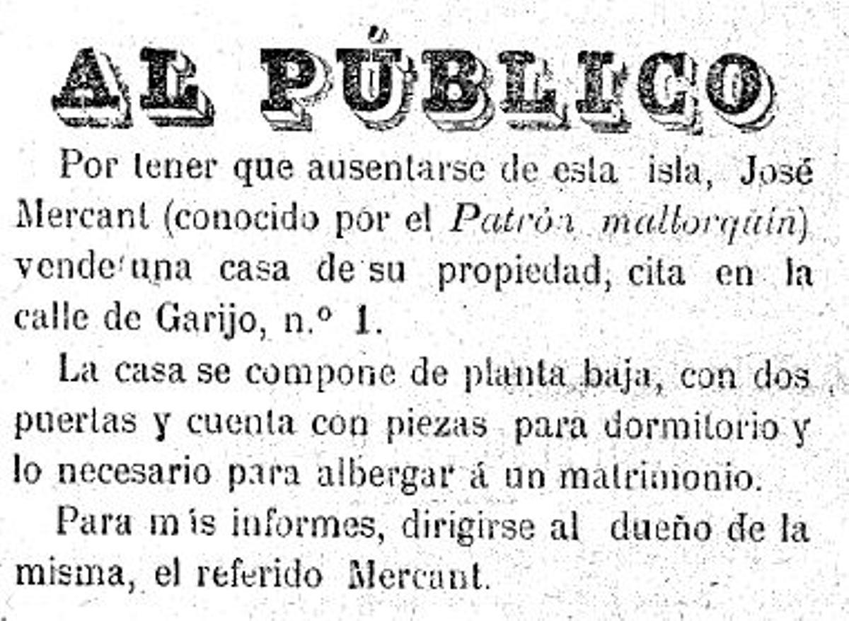 Anuncio para vender la casa de José Mercant