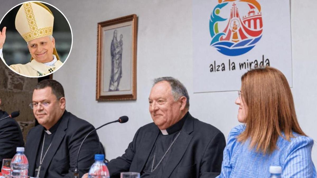 Cristóbal Déniz (i) y José Mazuelos, obispos de la Diócesis de Canarias. Arriba a la izquierda, el papa León XIV