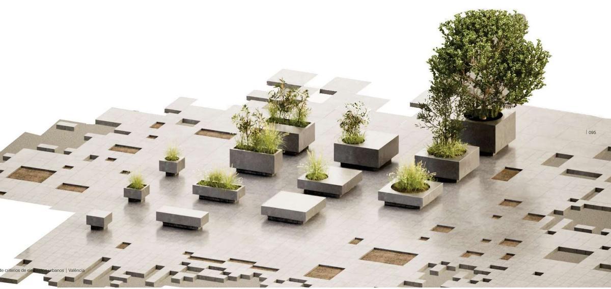 Modelos de bancos y maceteros en diferentes tamaños, pero similares entre sí