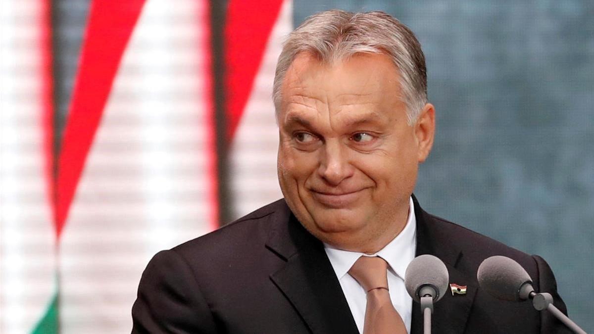 El primer ministro húngaro, Viktor Orbán, durante un discurso frente a la Casa del Terror de Budapest.