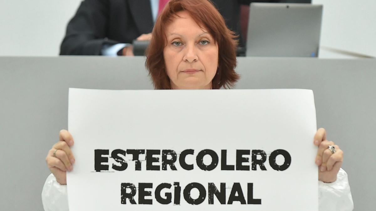 María Marín, con un cartel en el que se lee &#039;Estercolero regional&#039;