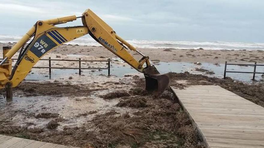 Una excavadora trabajando en la playa de Almenara, que ha quedado totalmente destrozada tras el oleaje de los últimos días.
