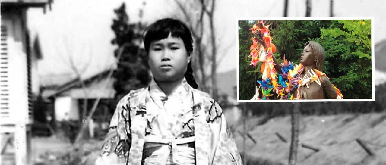A rapaza xaponesa Sadako Sasaki. Á dereita, escultura na súa honra en Seattle.