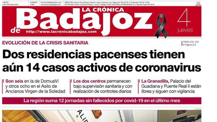 Esta es la portada de LA CRÓNICA DE BADAJOZ correspondiente al día 4 de junio del 2020