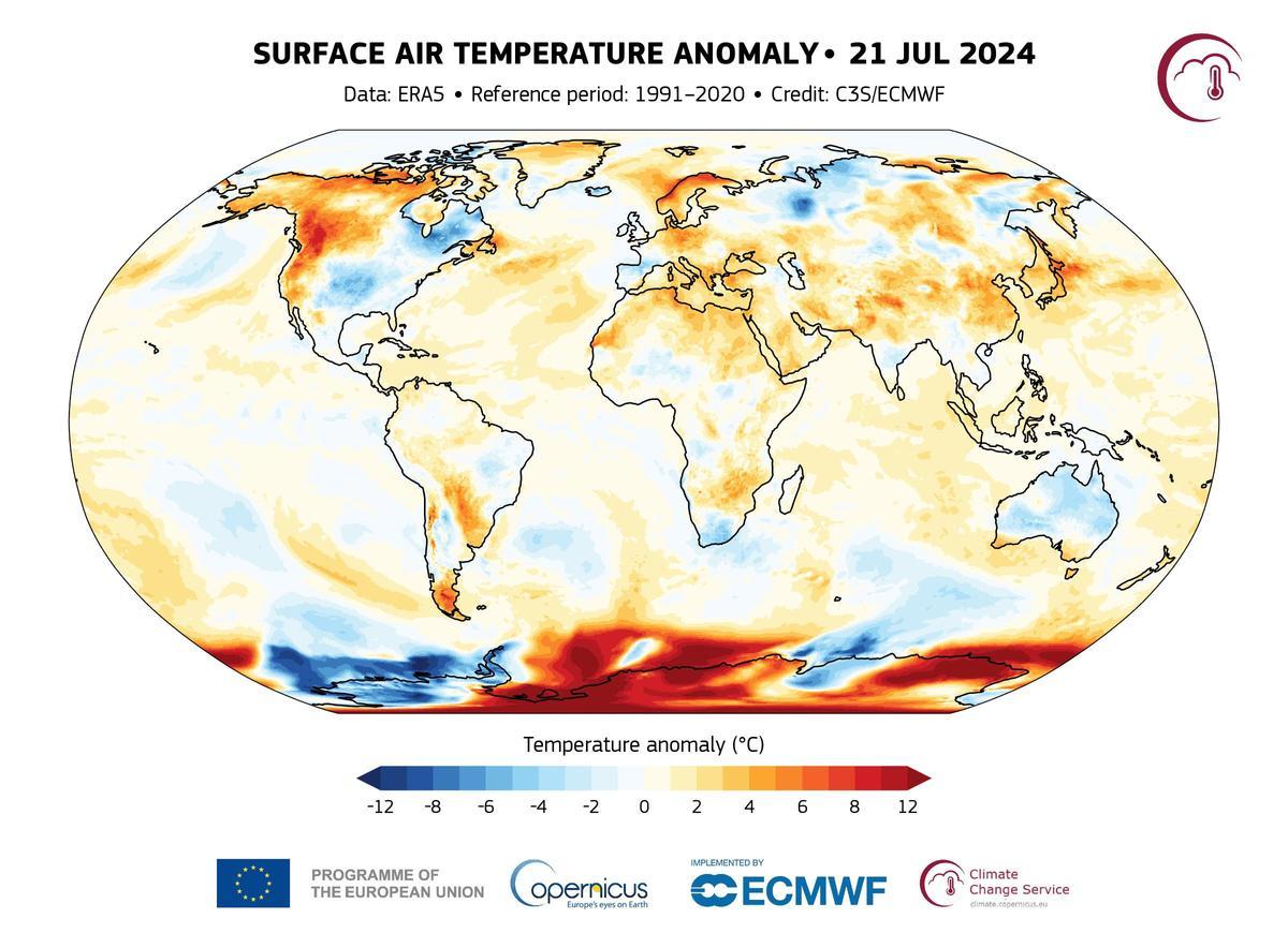 Anomalías de la temperatura del aire en la superficie el 21 de julio de 2024, en relación con la media del período de referencia 1991-2020. Fuente de los datos: ERA5, a través de Climate Pulse. Datos preliminares.