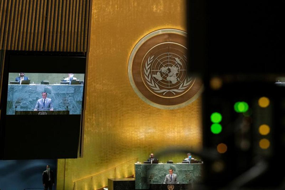 El presidente del Gobierno, Pedro Sánchez, se dirige a la Asamblea General de Naciones Unidas, en su 76º periodo de sesiones, este 22 de septiembre de 2021 en Nueva York.