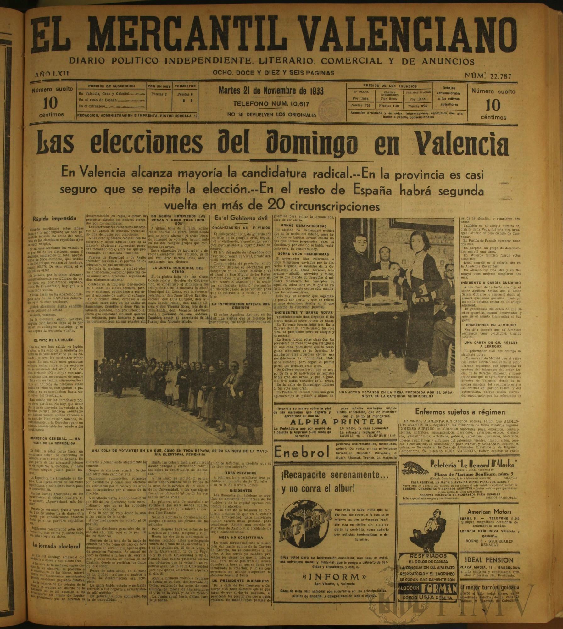 Portada del 21 de noviembre de 1933, dos días después de las primeras elecciones generales en España en las que votaron las mujeres.