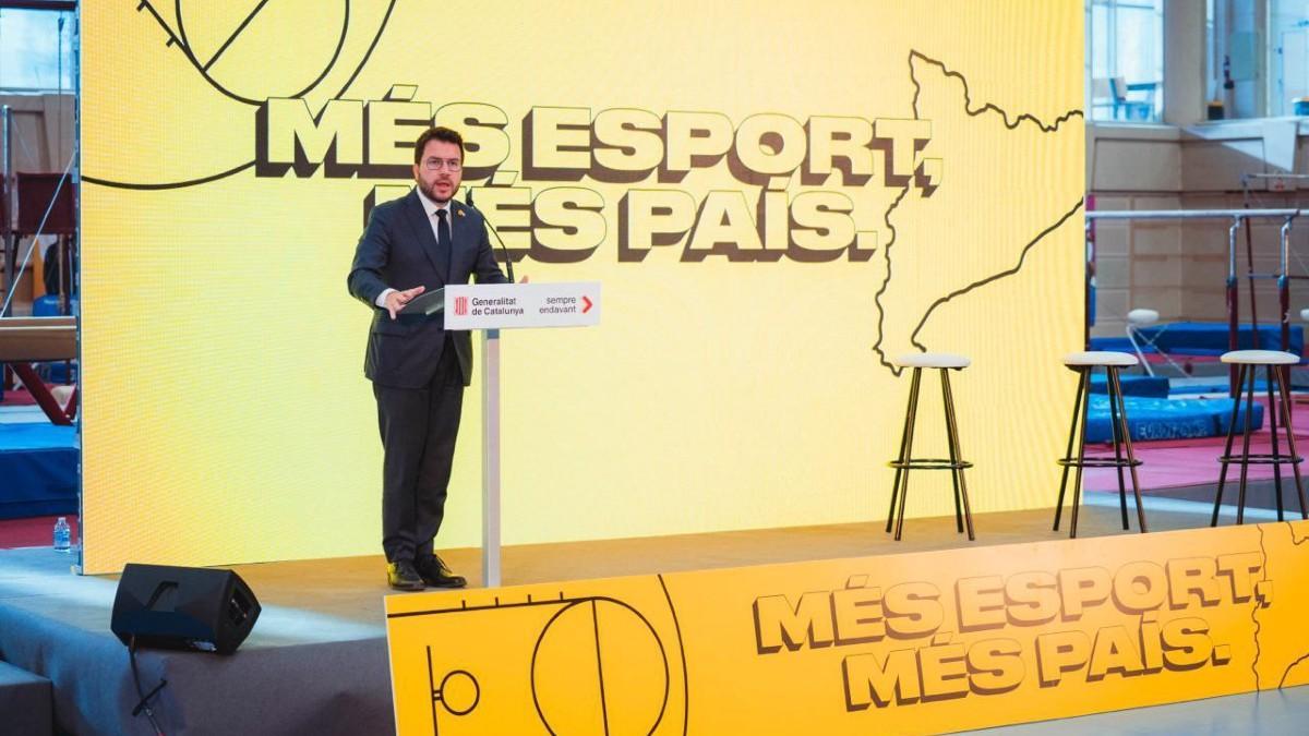 El presidente Pere Aragonès durante el acto 'Més esport, més país'