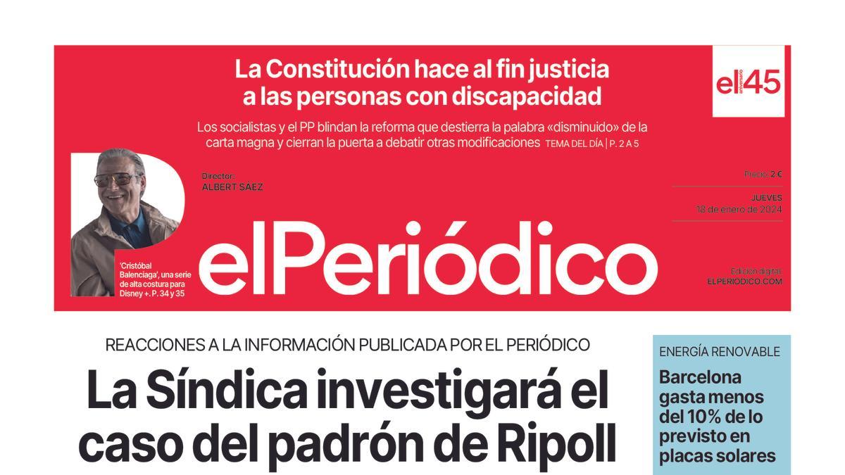 La portada de EL PERIÓDICO del 18 de enero de 2024 El Periódico