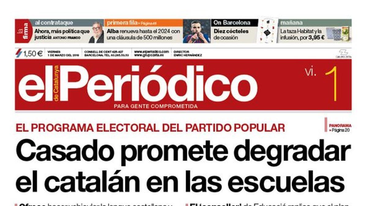 La portada de EL PERIÓDICO del 1 de marzo del 2019