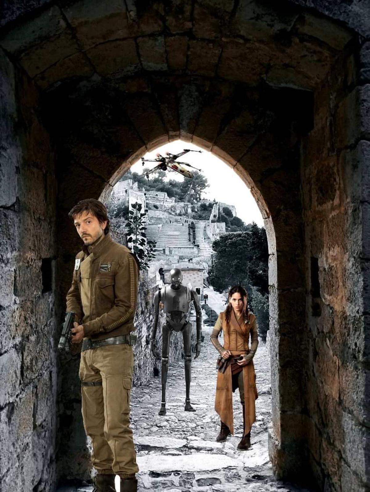 Cassian Andor, Jyn Erso y el androide K-2SO en el Castell de Xàtiva.