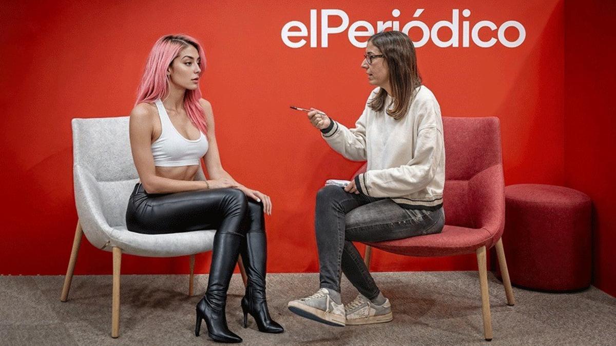 Aitana, con pose de entrevista en la redacción de 'EL PERIÓDICO', en una imagen generada por inteligencia artificial en The Clueless.