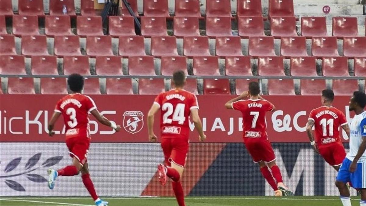 Stuani celebra el gol de la victoria del Girona ante el Zaragoza