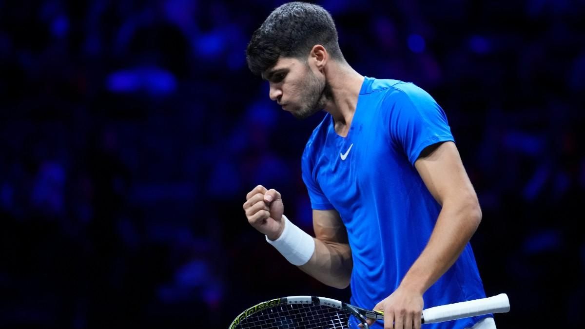 Alcaraz celebra un punto ante Fritz en la Laver Cup 2024