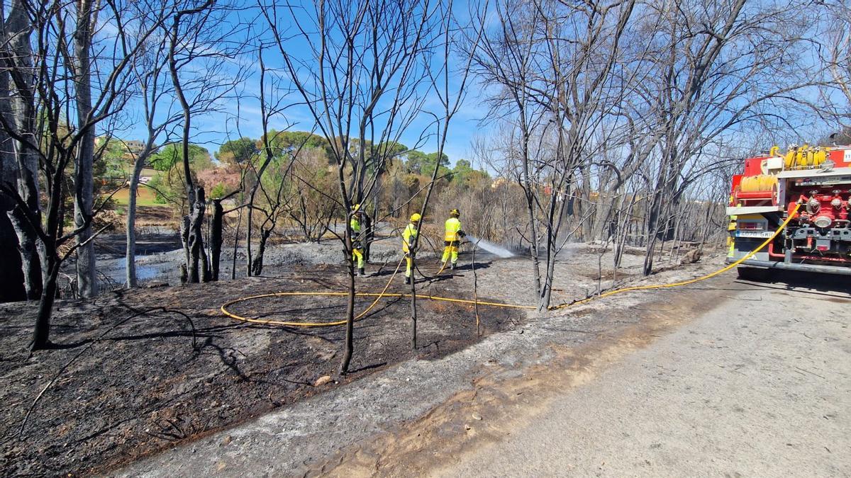 Los bomberos extinguen el incendio de Riba-roja declarado este sábado.