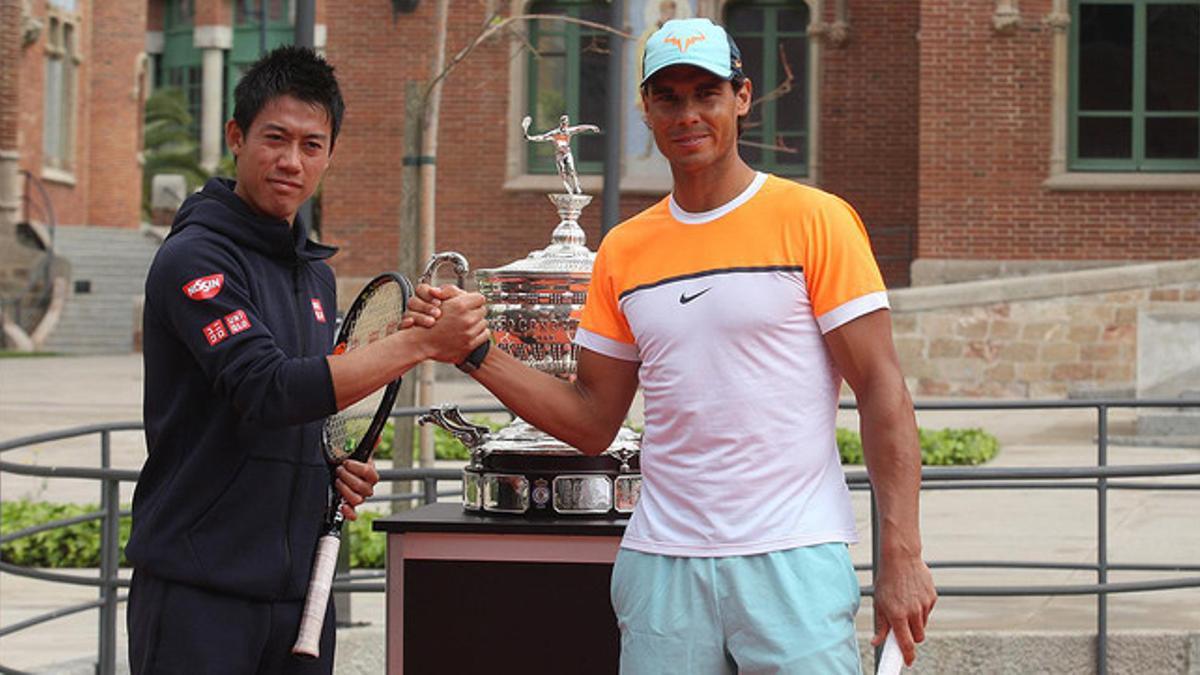 Rafael Nadal y Kei Nishikori, durante la presentación del Barcelona Open Banc Sabadell, en el Hospital de Sant Pau