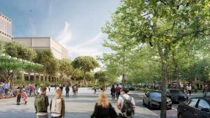 Recreación de la reforma de la avenida de la Platja, en Sant Adrià de Besòs, con las oficinas de Inditex a la izquierda.