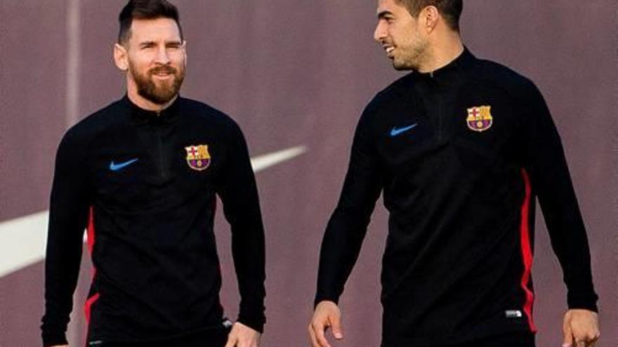 Leo Messi i Luis Suárez en l&#039;entrenament d&#039;ahir a la tarda.