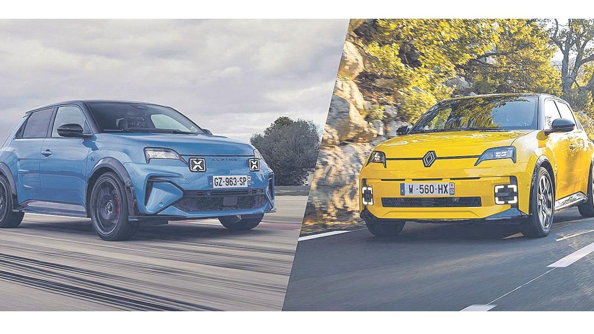 El Alpine A290 (azul) es la versión eléctrica deportiva del Renault 5 E-Tech eléctrico (amarillo).