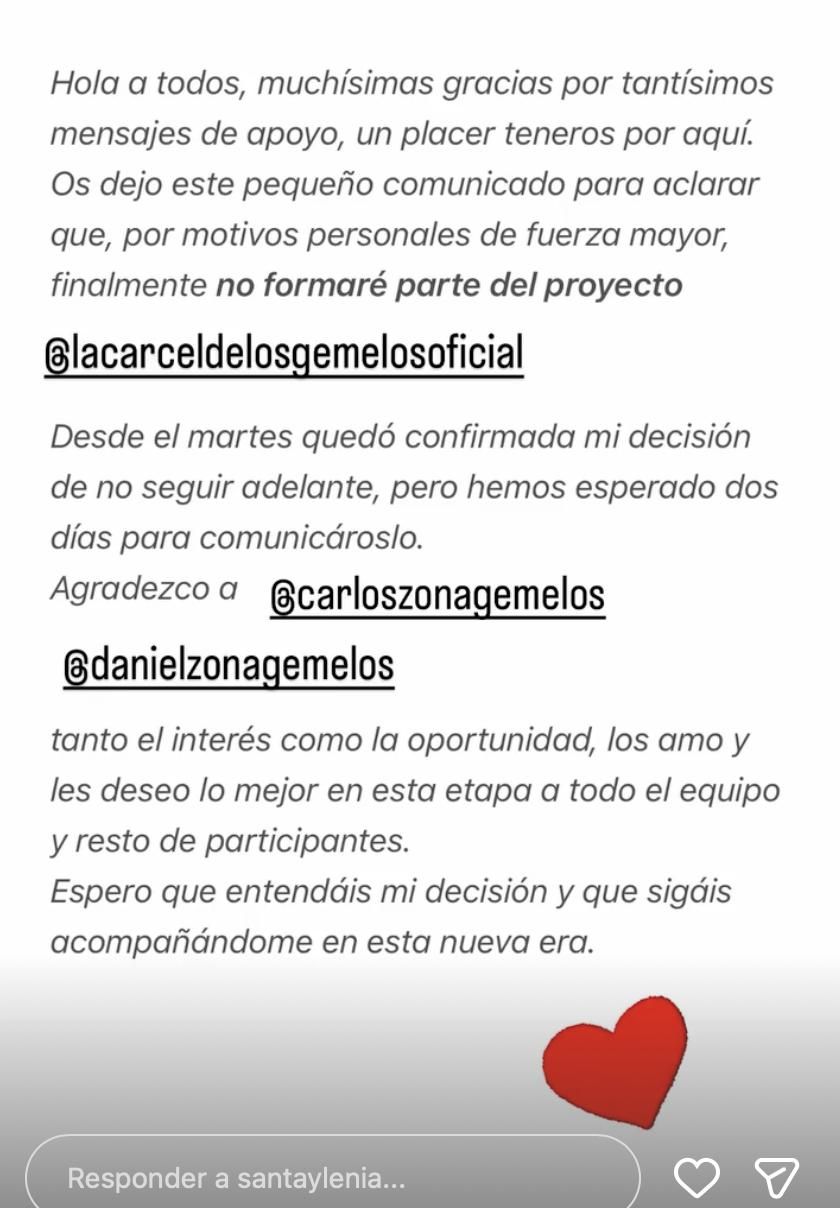 El comunicado de Ylenia anunciando su abandono