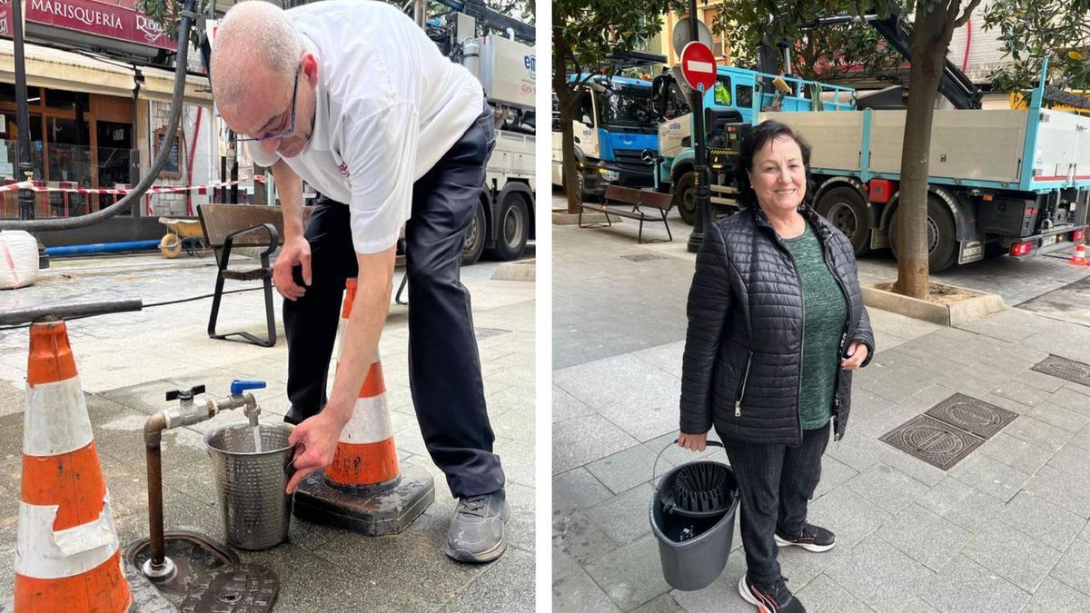 A la izquierda, Óscar Muñoz, camarero de la sidrería Rubiera, recogiendo agua en el grifo provisional instalado por la EMA; a la derecha, Eva Ramos, después de recargar su cubo con agua en la calle Asturias.