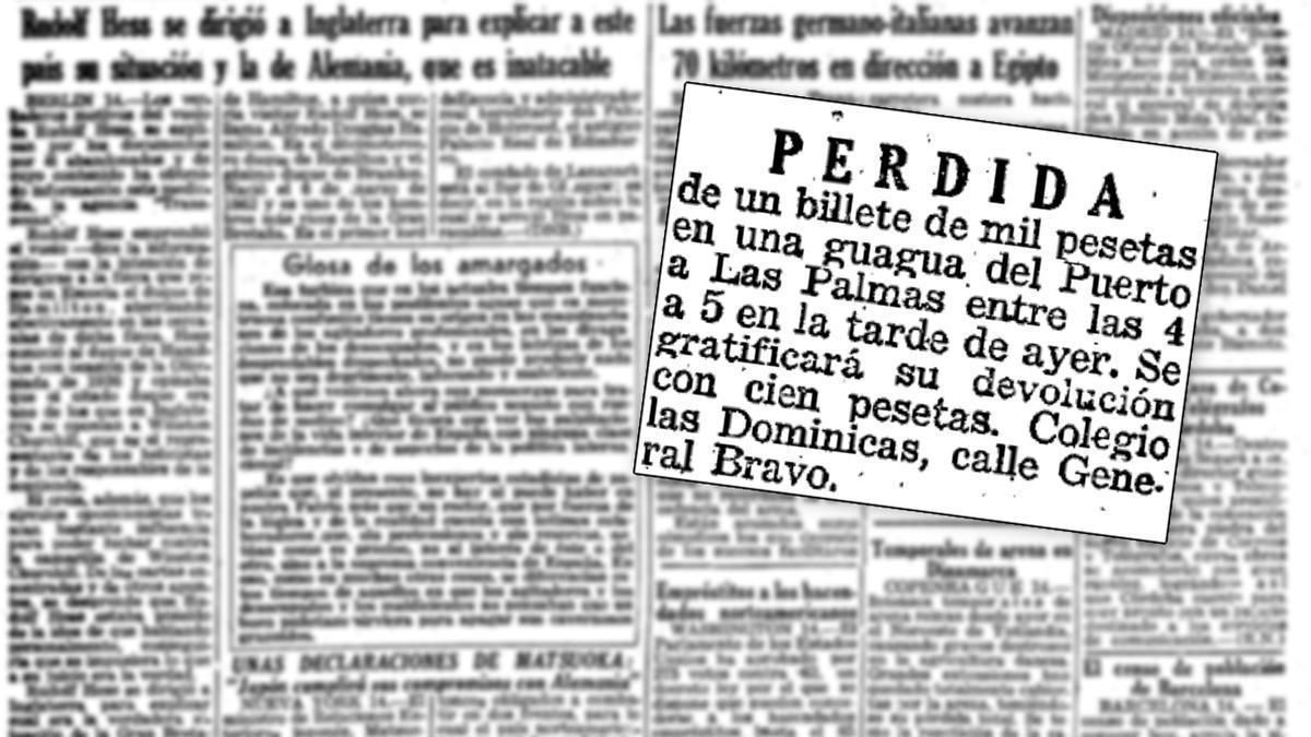El anuncio de la pérdida, publicado en la edición de LA PROVINCIA del 14 de mayo de 1941, sobre la portada de aquel mismo día.