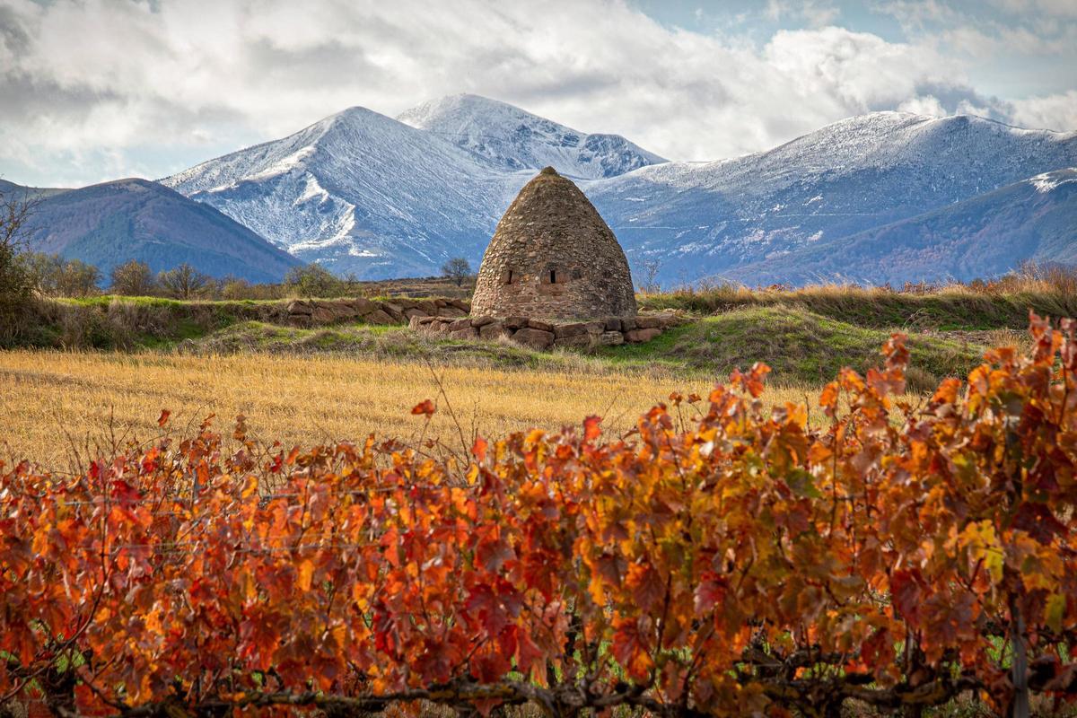Primeras nevadas otoñales en los picos de Cabeza Parda y San Lorenzo (La Rioja), entremezcladas con las viñas riojanas.