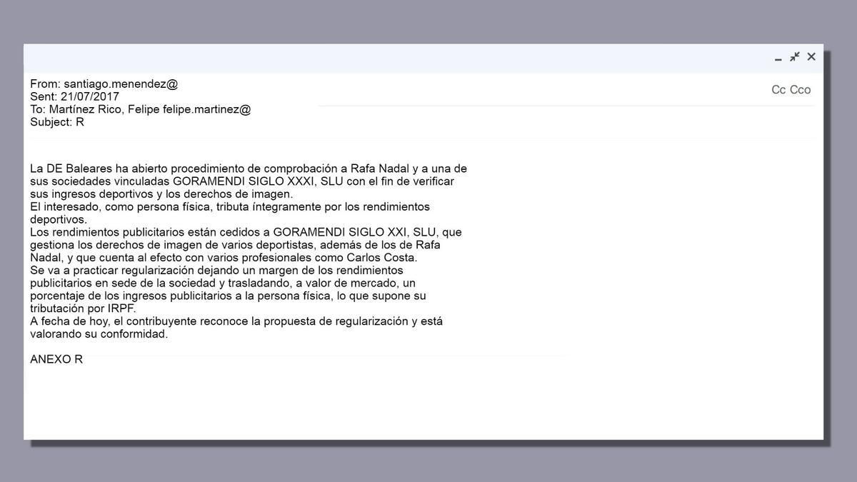 Recreación de un correo electrónico de la cúpula de Hacienda sobre Rafael Nadal Parera