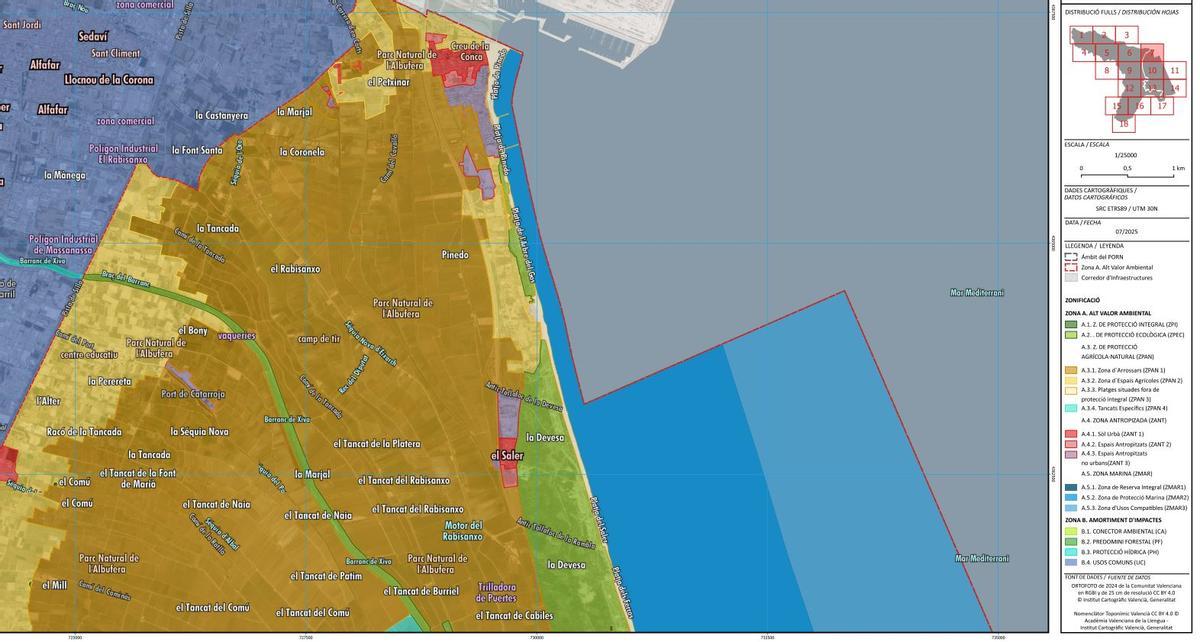 La zonificación que propone el nuevo plan de l'Albufera. En color morado grisaceo, las nuevas zonas antropizads no urbanas