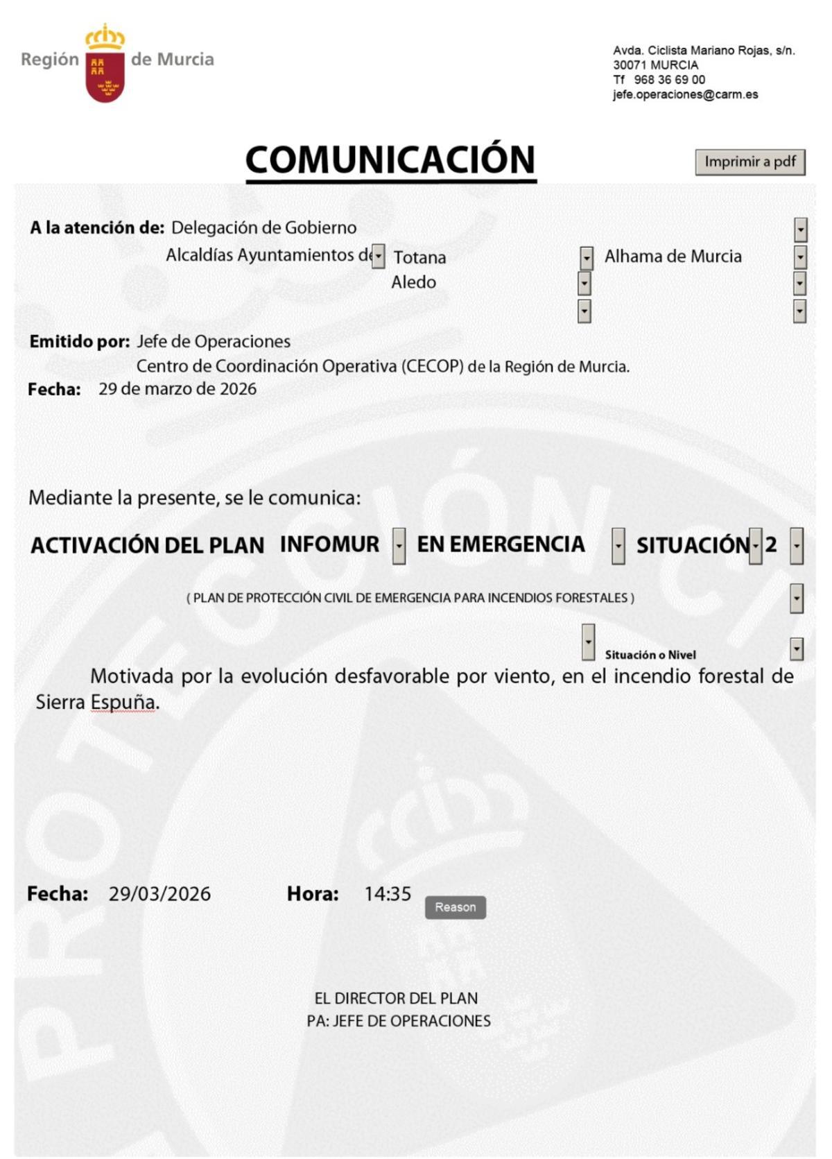 El documento que recoge la activación del Plan Infomur en nivel 2.