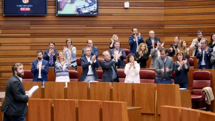 El grupo parlamentario socialista aplaude a la tribuna de invitados durante el pleno de las Cortes.