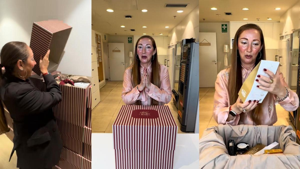Una tabajadora de Zara abre la cesta de Navidad de este año