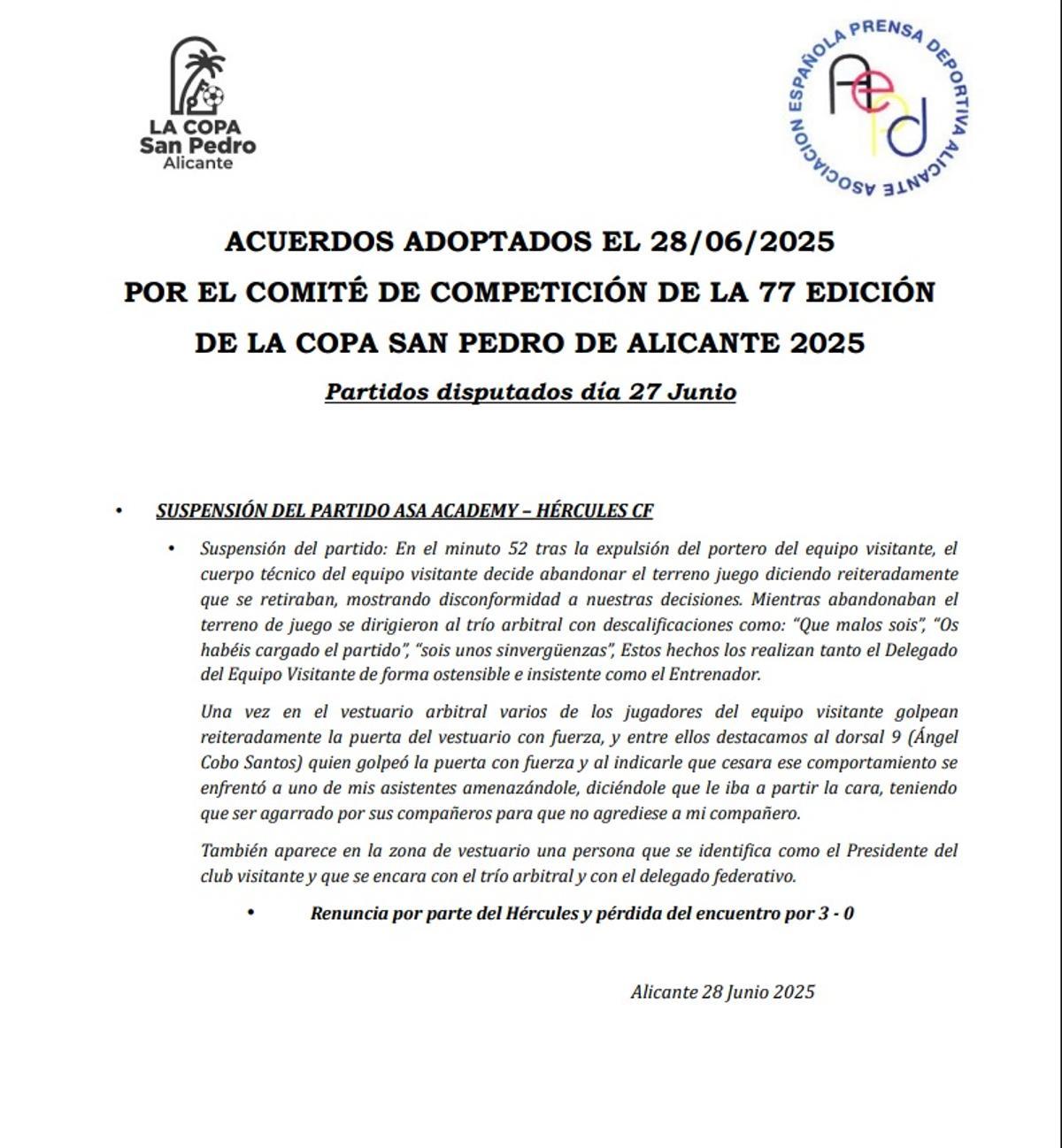 Acta arbitral redactada por el colegiado David Castizo López tras la bronca vivida en el ASA Academy-Hércules CF