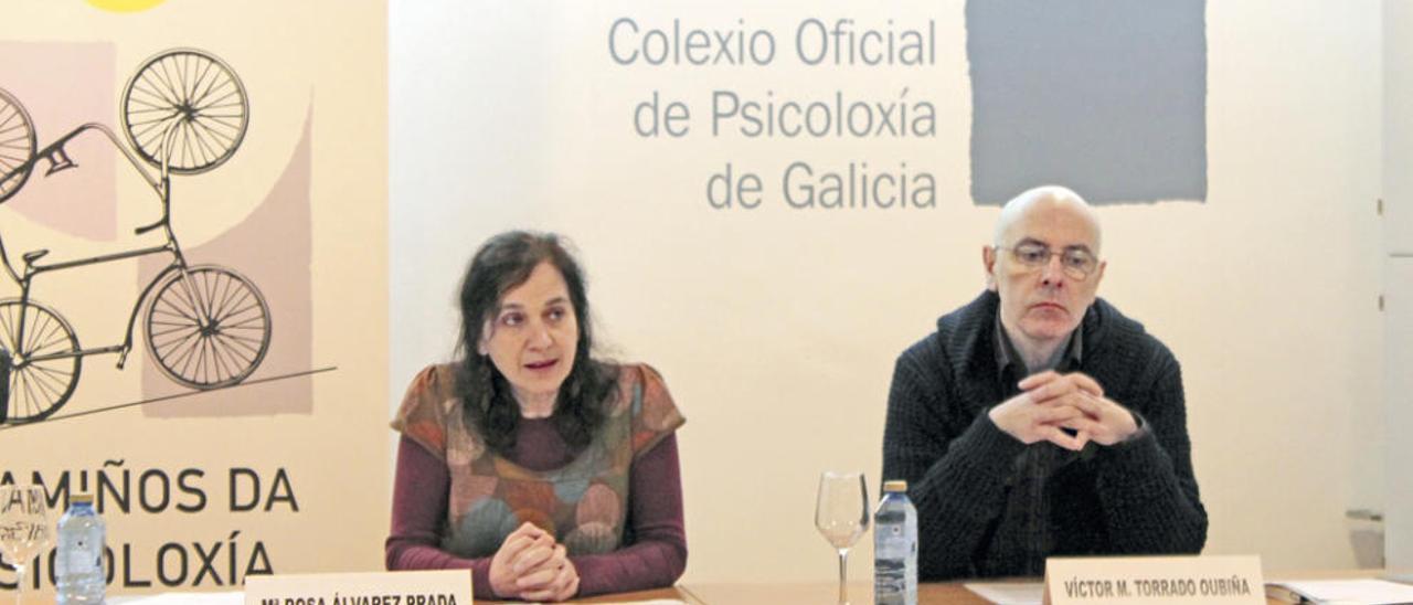 María Rosa Álvarez, decana del Colexio de Psicoloxía de Galicia (1i), junto a Torrado, ayer en Santiago.