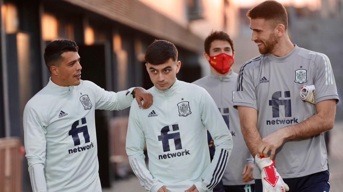 Los futbolistas de la selección española entrando al campo de entrenamiento