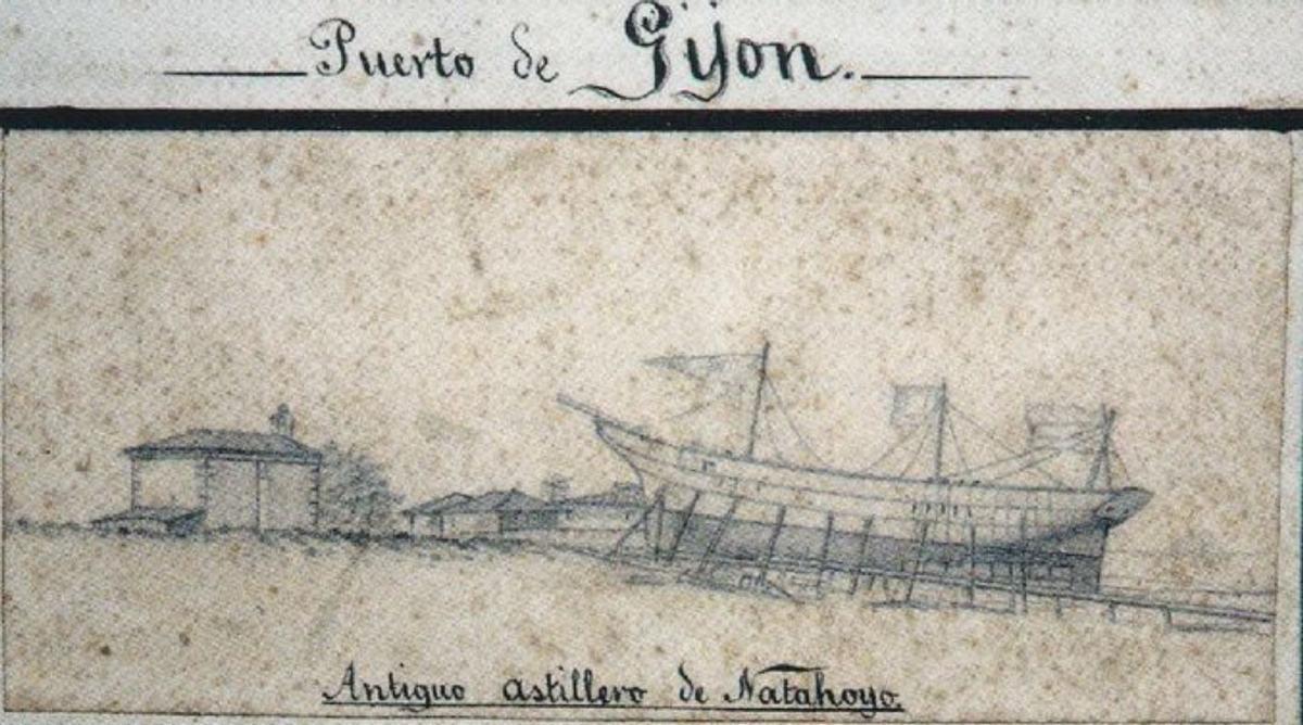 Sobre estas líneas, vista de la capilla hacia 1960, con las vías del tranvía pasando a su lado. A la izquierda, construcción de un buque junto a la capilla de San Esteban del Mar hacia 1902. | BIBLIOTECA ASTURIANA DEL PADRE PATAC / ROTARY