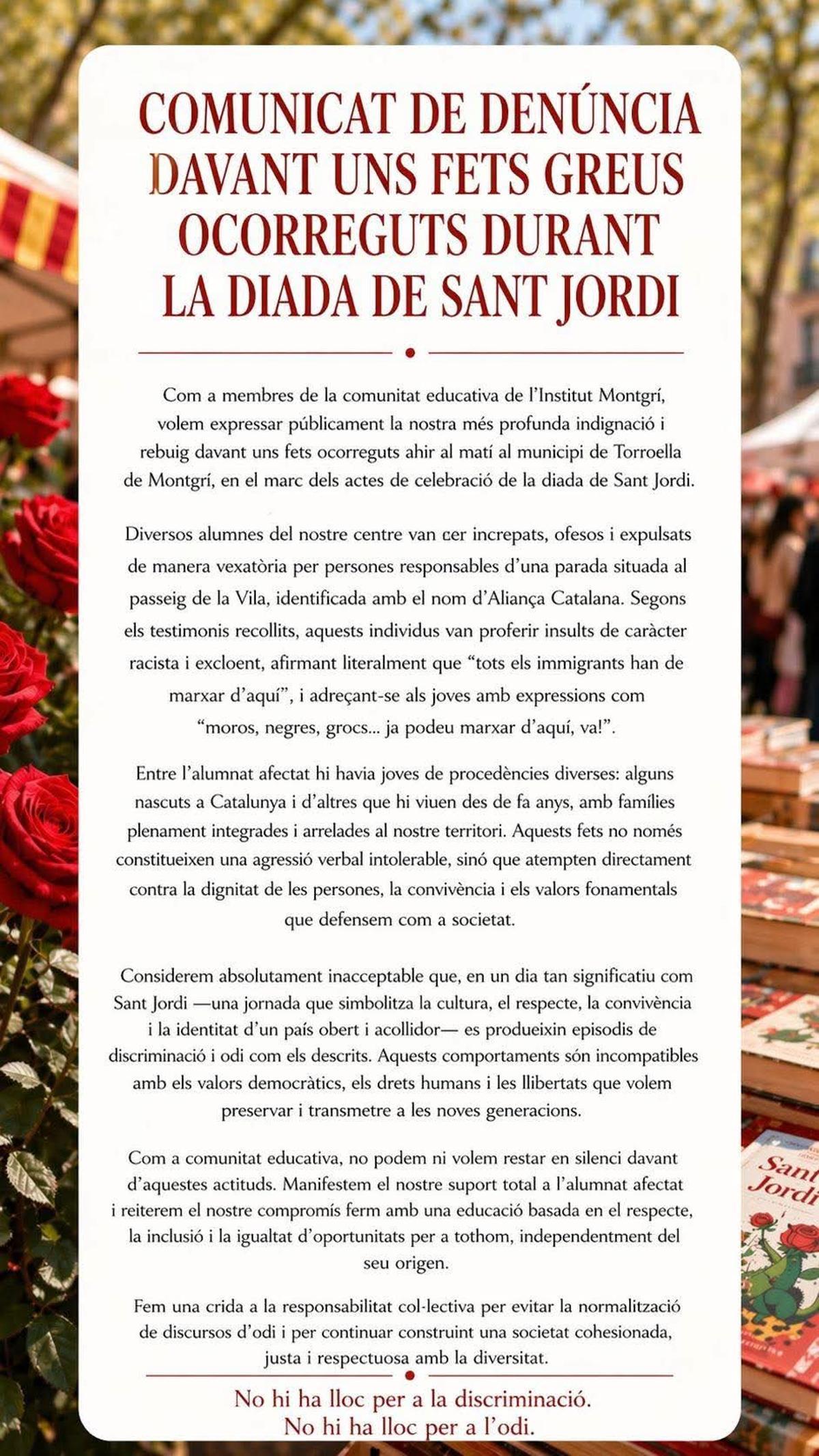 El comunicat de la comunitat educativa de l’Institut Montgrí.