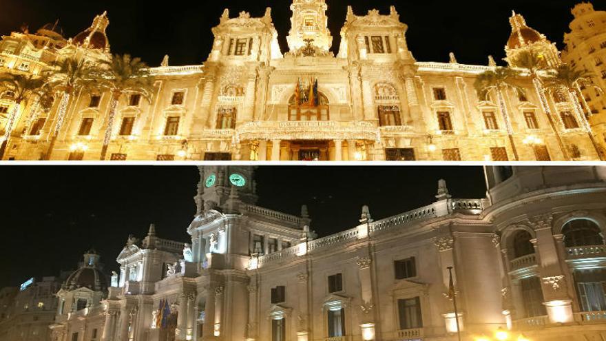 La fachada del Ayuntamiento, en 2004 (arriba) y esta Navidad (abajo).