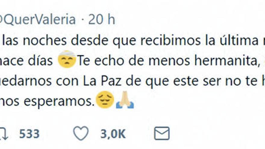 Mensaje que Valeria Quer dejó en Twitter dedicado a su hermana. // FdV