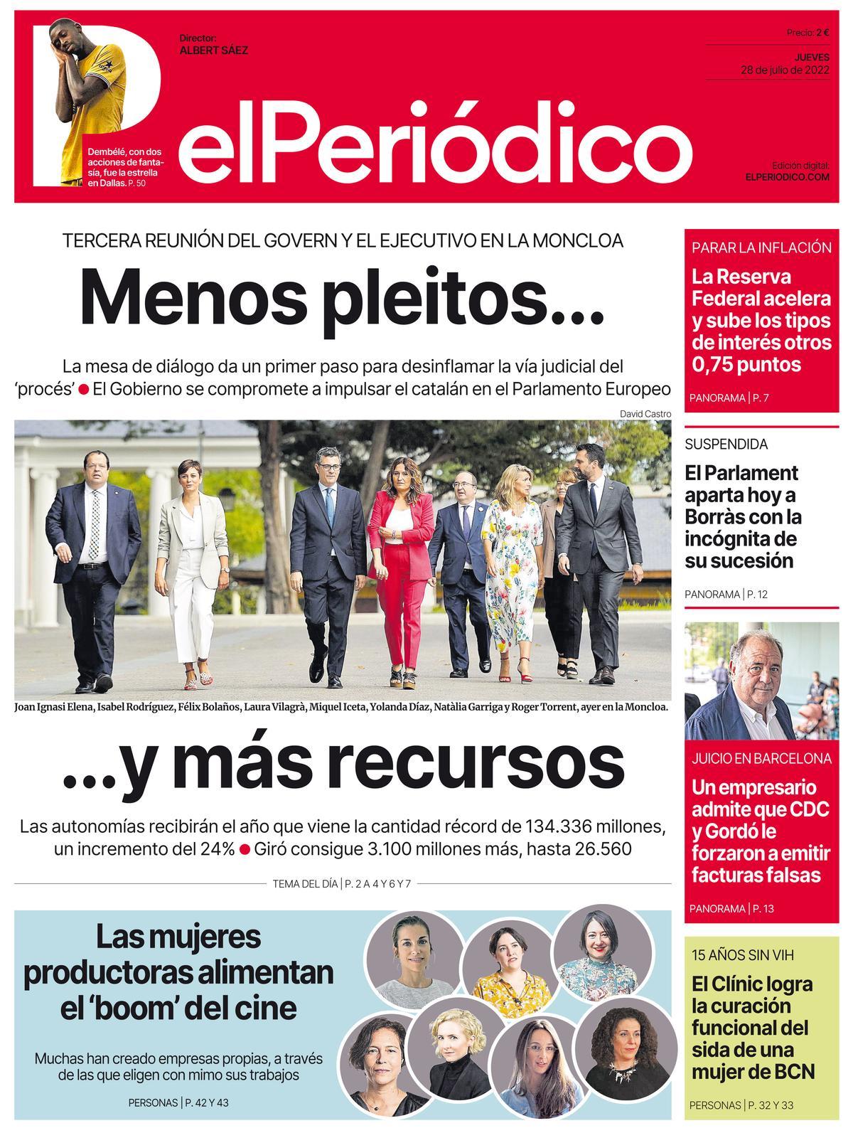 La portada d’EL PERIÓDICO del 28 de juliol del 2022 La portada d’EL PERIÓDICO del 28 de juliol del 2022
