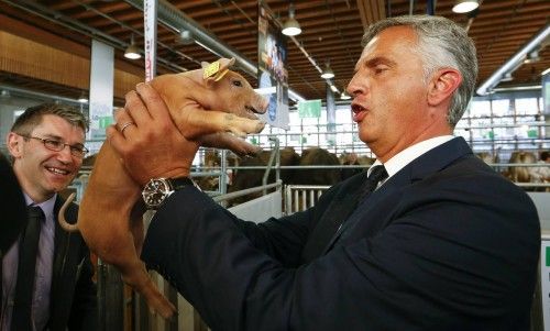 Swiss President Burkhalter holds a piglet as he visits the agriculture and food fair in St. Gallen
