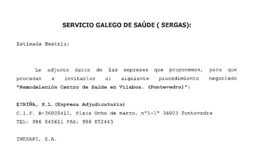 Correo desde Eiriña al Sergas, en el que se autoproclama ganadora de la obra.