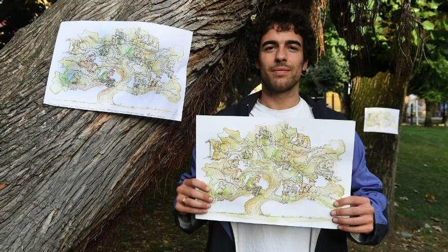 Alejandro Mosquera posa con su ilustración en el Campo de Marte.