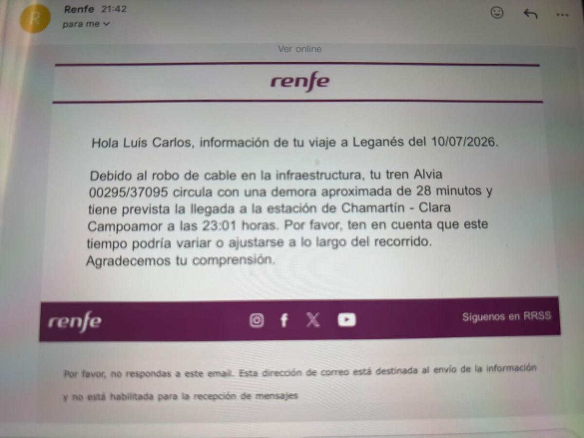 Correo electrónico que envió Renfe a los pasajeros de Badajoz.